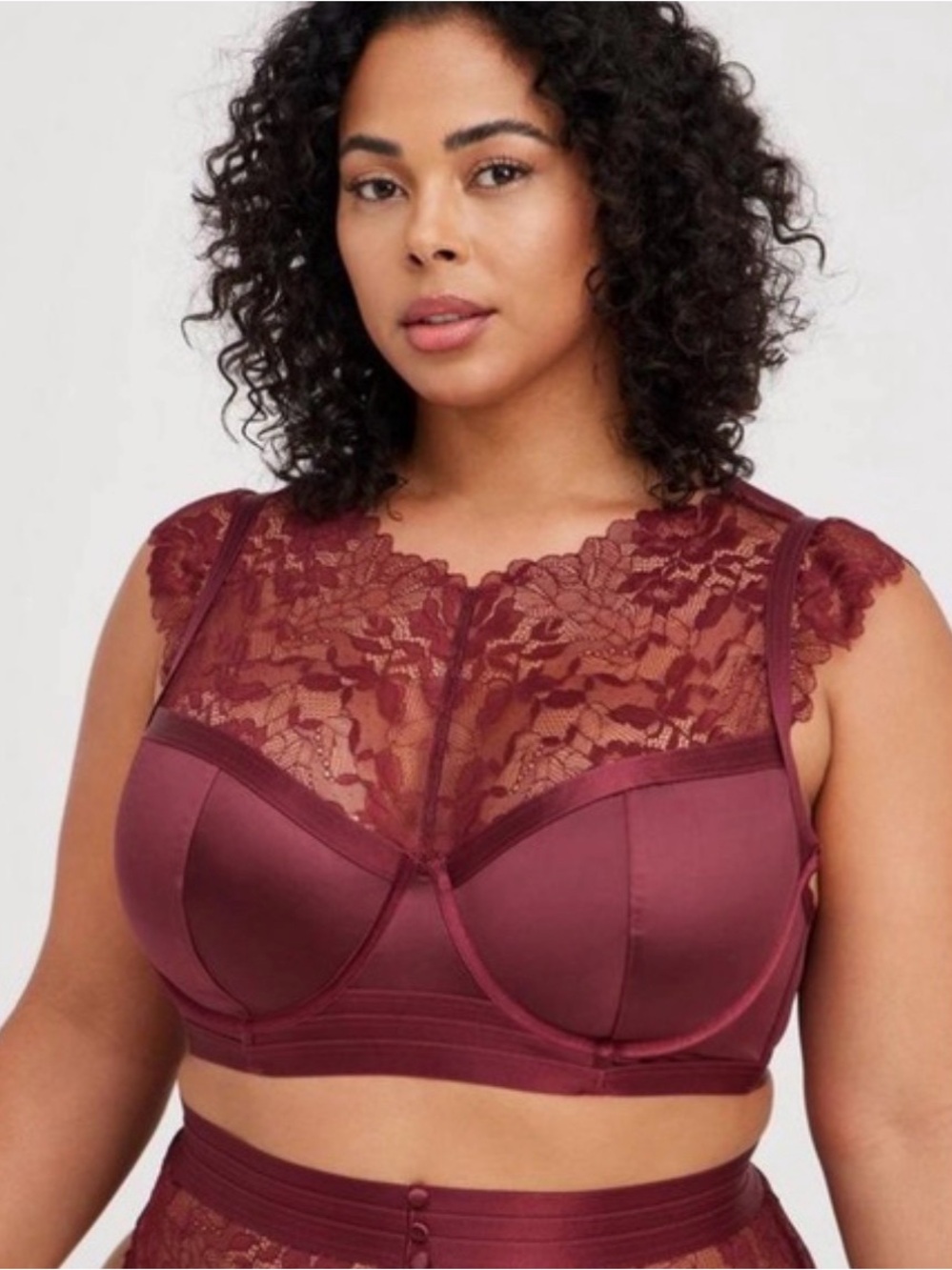 Torrid Satin and Lace High Neck Bra Top in burgundy.